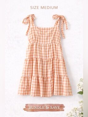 Shein Peach Gingham Tie Strap Mini Dress Size M 🧡☀️